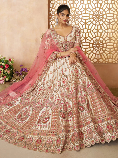 Stunning Off-White Thread Work Silk Wedding Lehenga Choli - Zeel Clothing