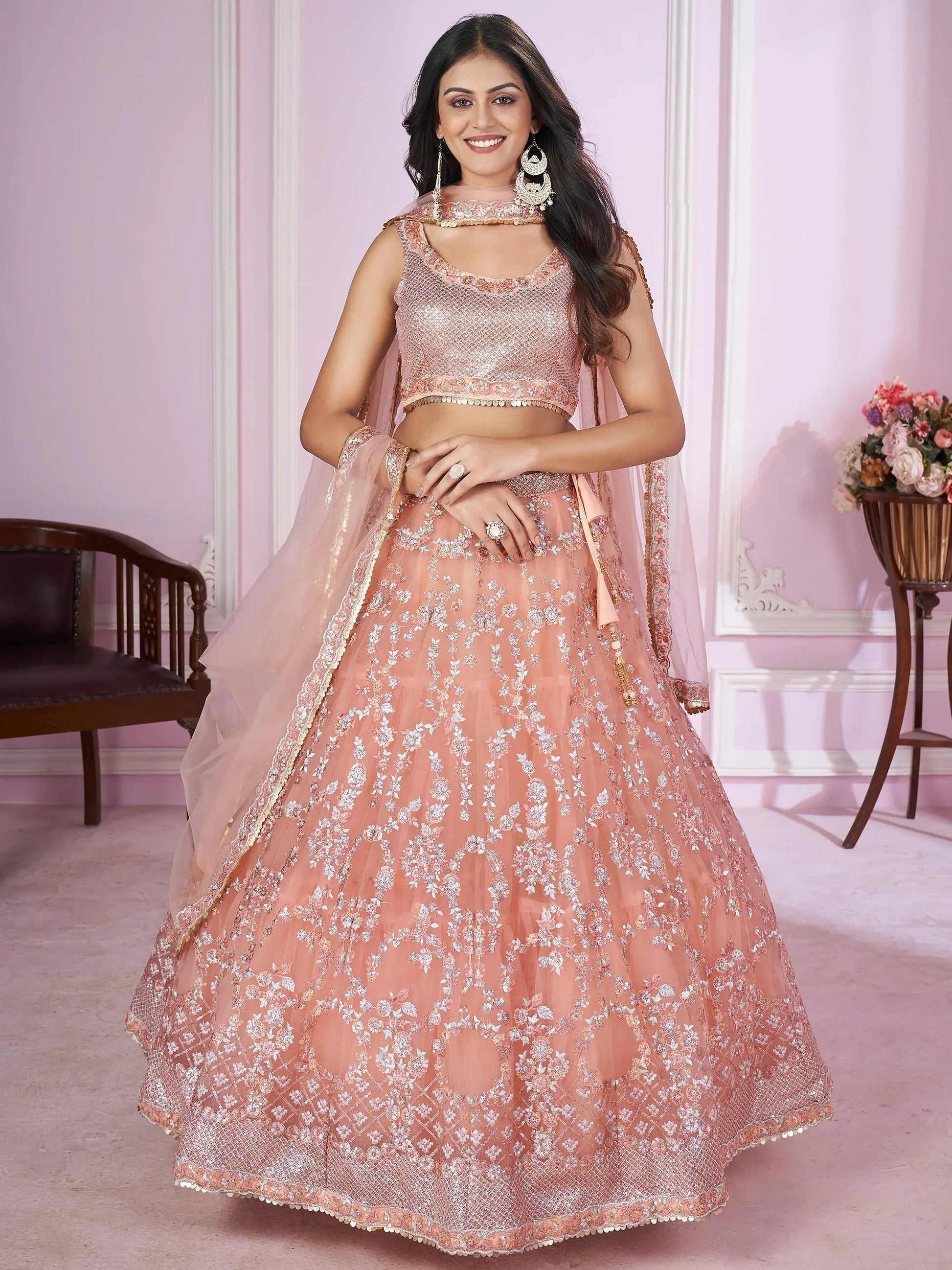 Stunning Peach Sequins Net Bridesmaid Lehenga Choli With Dupatta - Zeel Clothing