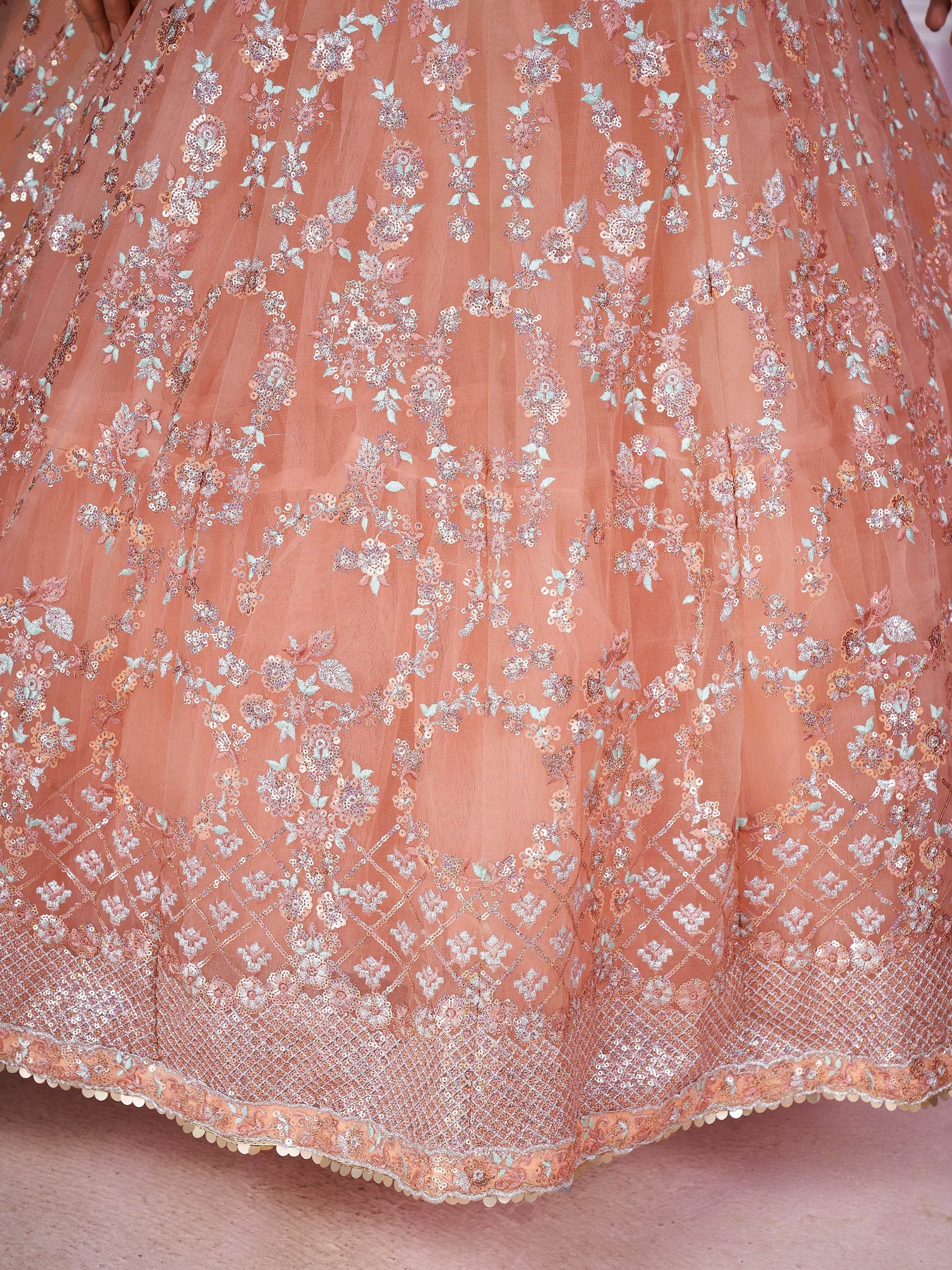 Stunning Peach Sequins Net Bridesmaid Lehenga Choli With Dupatta - Zeel Clothing