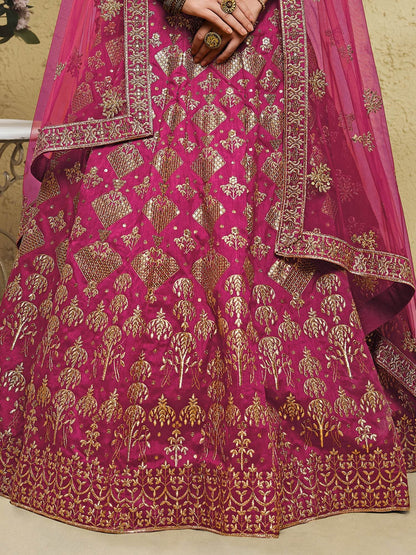 Stunning Pink Thread Embroidered Slub Silk Wedding Wear Lehenga Choli - Zeel Clothing