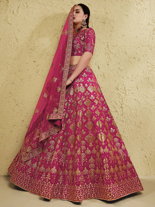 Stunning Pink Thread Embroidered Slub Silk Wedding Wear Lehenga Choli - Zeel Clothing