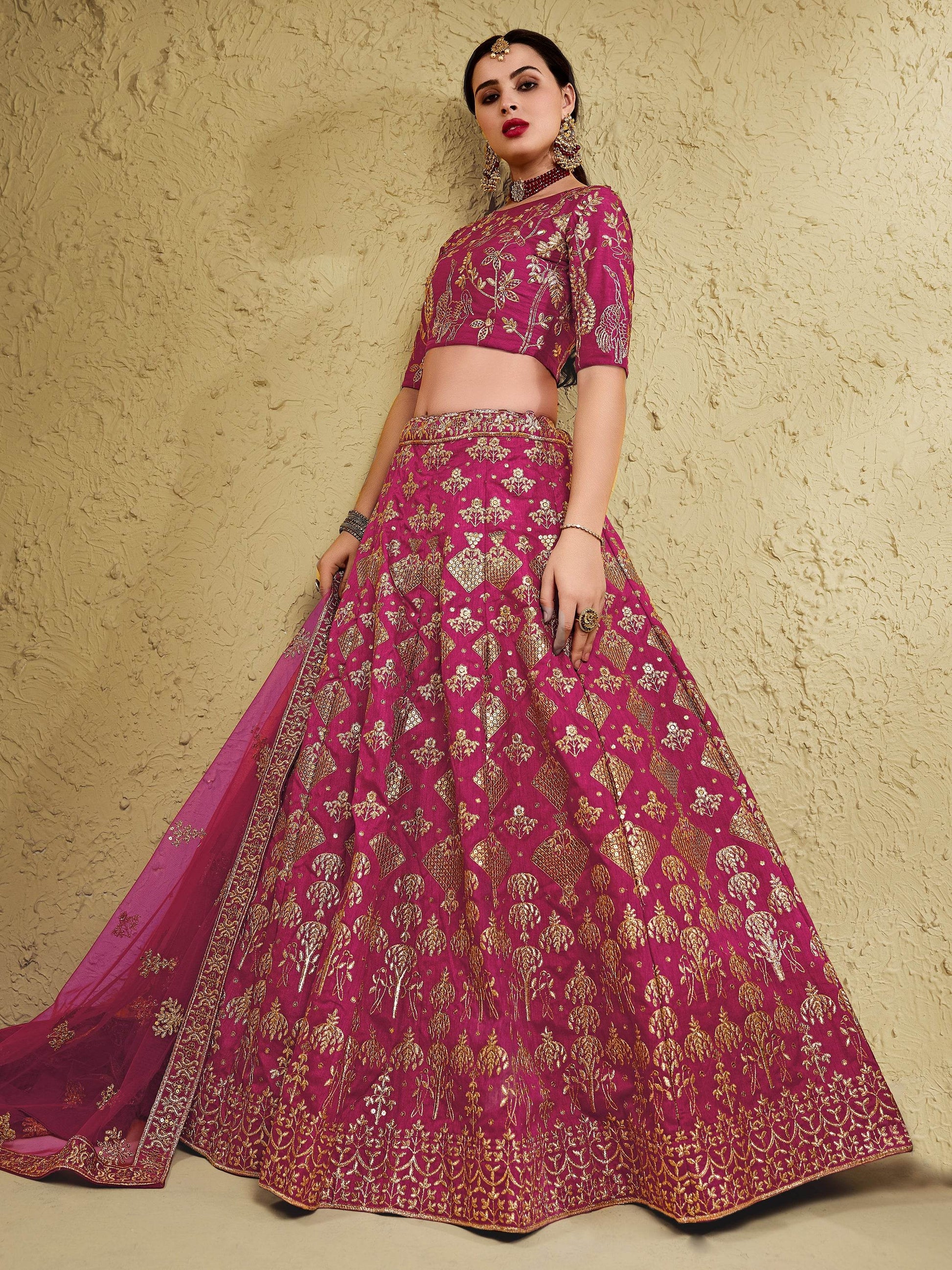 Stunning Pink Thread Embroidered Slub Silk Wedding Wear Lehenga Choli - Zeel Clothing