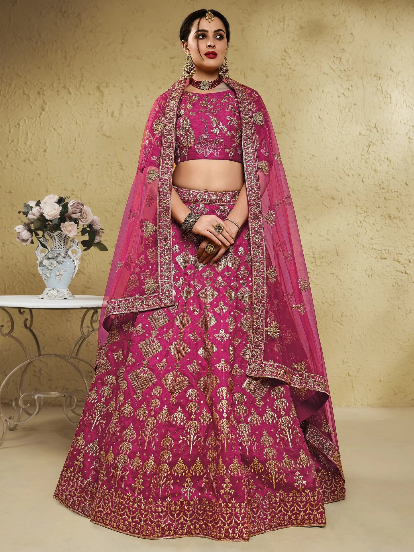 Stunning Pink Thread Embroidered Slub Silk Wedding Wear Lehenga Choli - Zeel Clothing