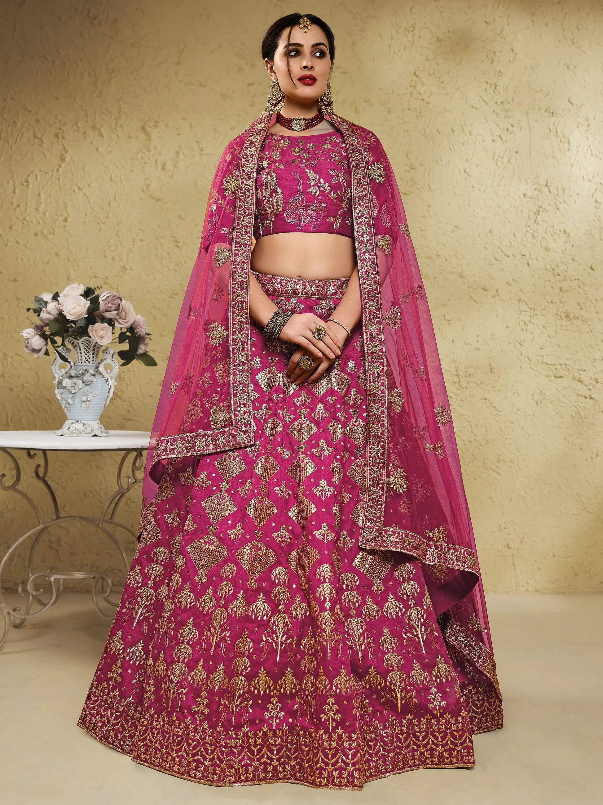 Stunning Pink Thread Embroidered Slub Silk Wedding Wear Lehenga Choli - Zeel Clothing