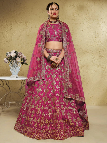 Stunning Pink Thread Embroidered Slub Silk Wedding Wear Lehenga Choli - Zeel Clothing