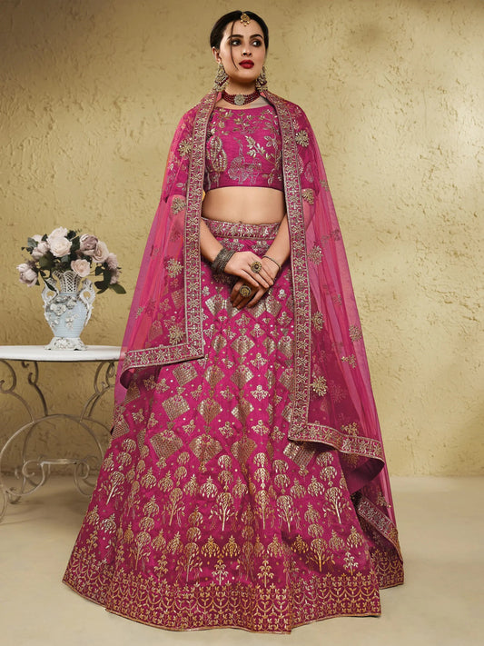 Stunning Pink Thread Embroidered Slub Silk Wedding Wear Lehenga Choli - Zeel Clothing