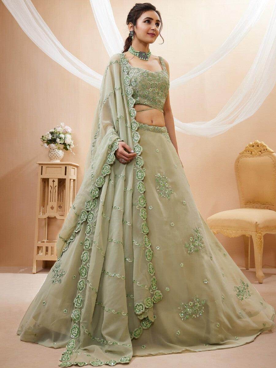 Stunning Pista Green Embroidered Sangeet Wear Lehenga Choli - Zeel Clothing