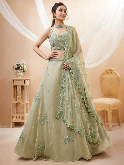 Stunning Pista Green Embroidered Sangeet Wear Lehenga Choli - Zeel Clothing