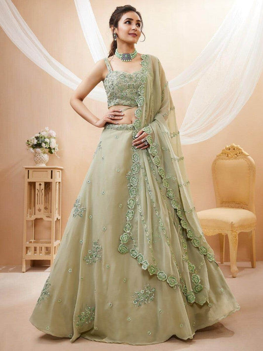 Stunning Pista Green Embroidered Sangeet Wear Lehenga Choli - Zeel Clothing