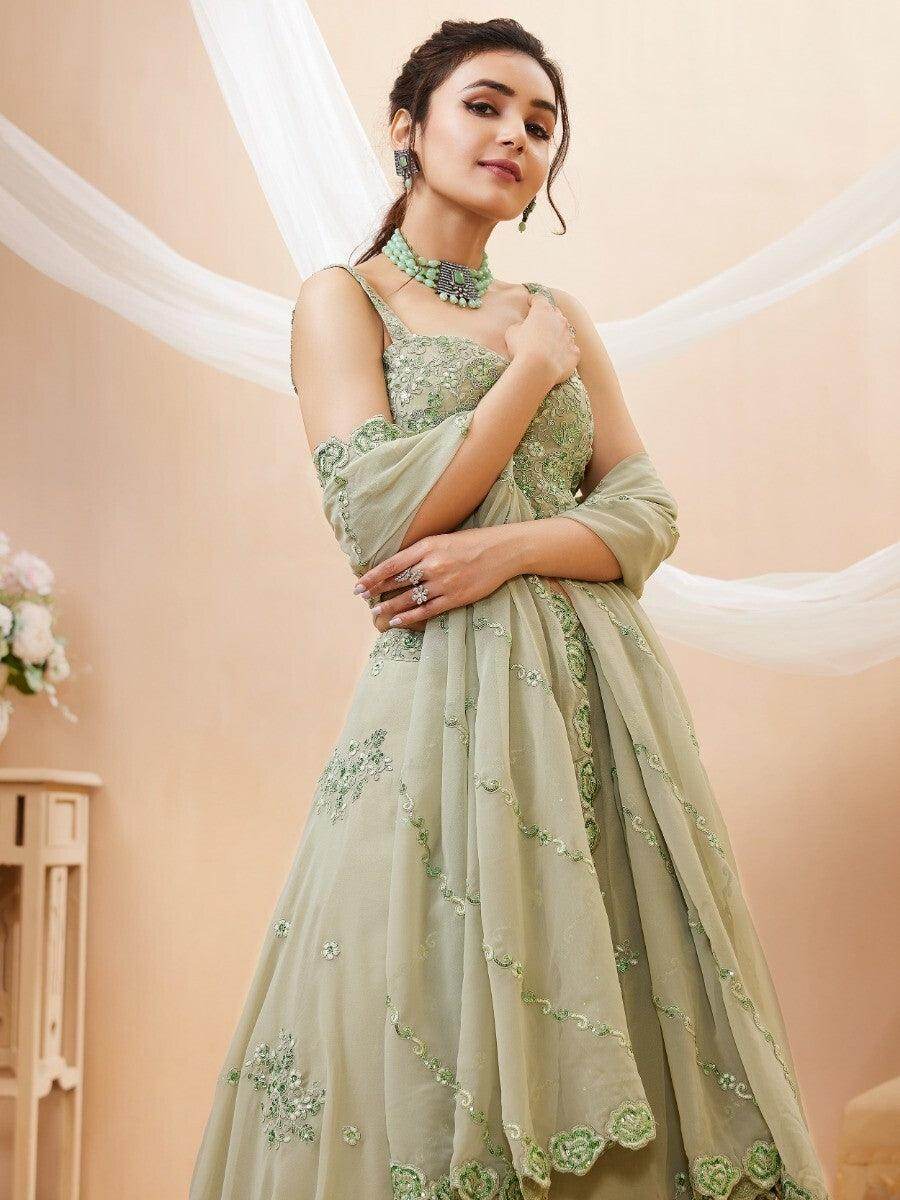 Stunning Pista Green Embroidered Sangeet Wear Lehenga Choli - Zeel Clothing