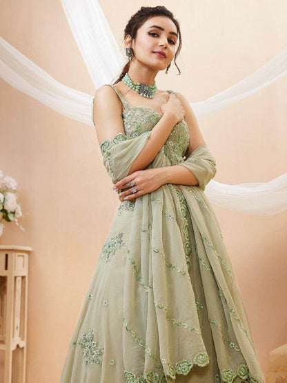 Stunning Pista Green Embroidered Sangeet Wear Lehenga Choli - Zeel Clothing