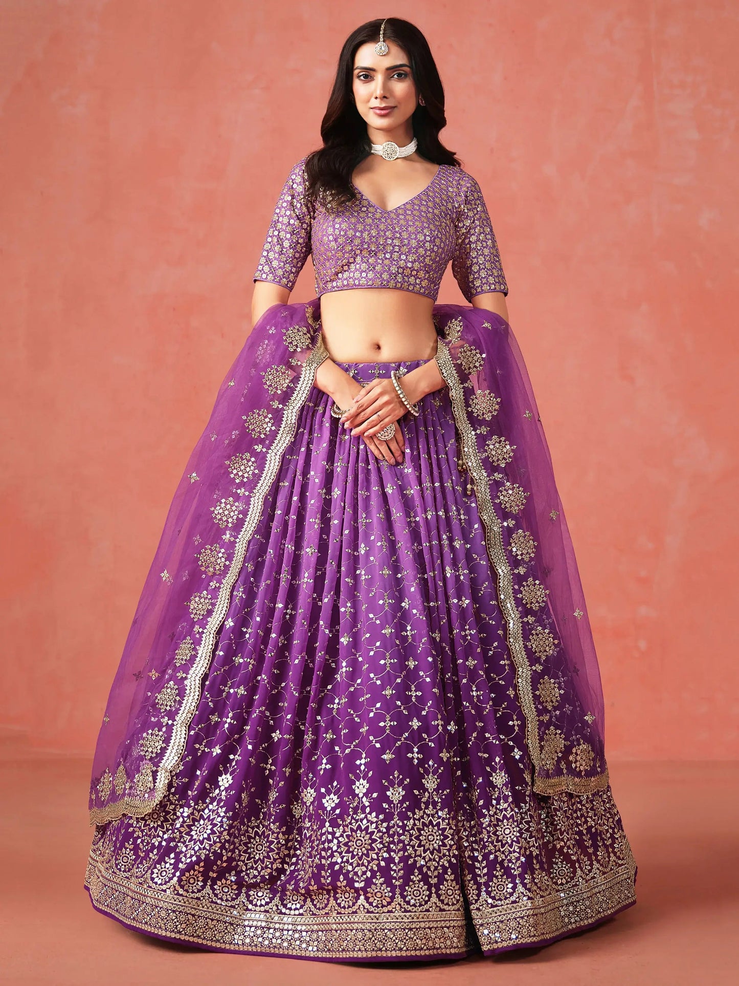 Stunning Purple Ceremonial Wear Georgette Lehenga Choli With Dupatta - Zeel Clothing