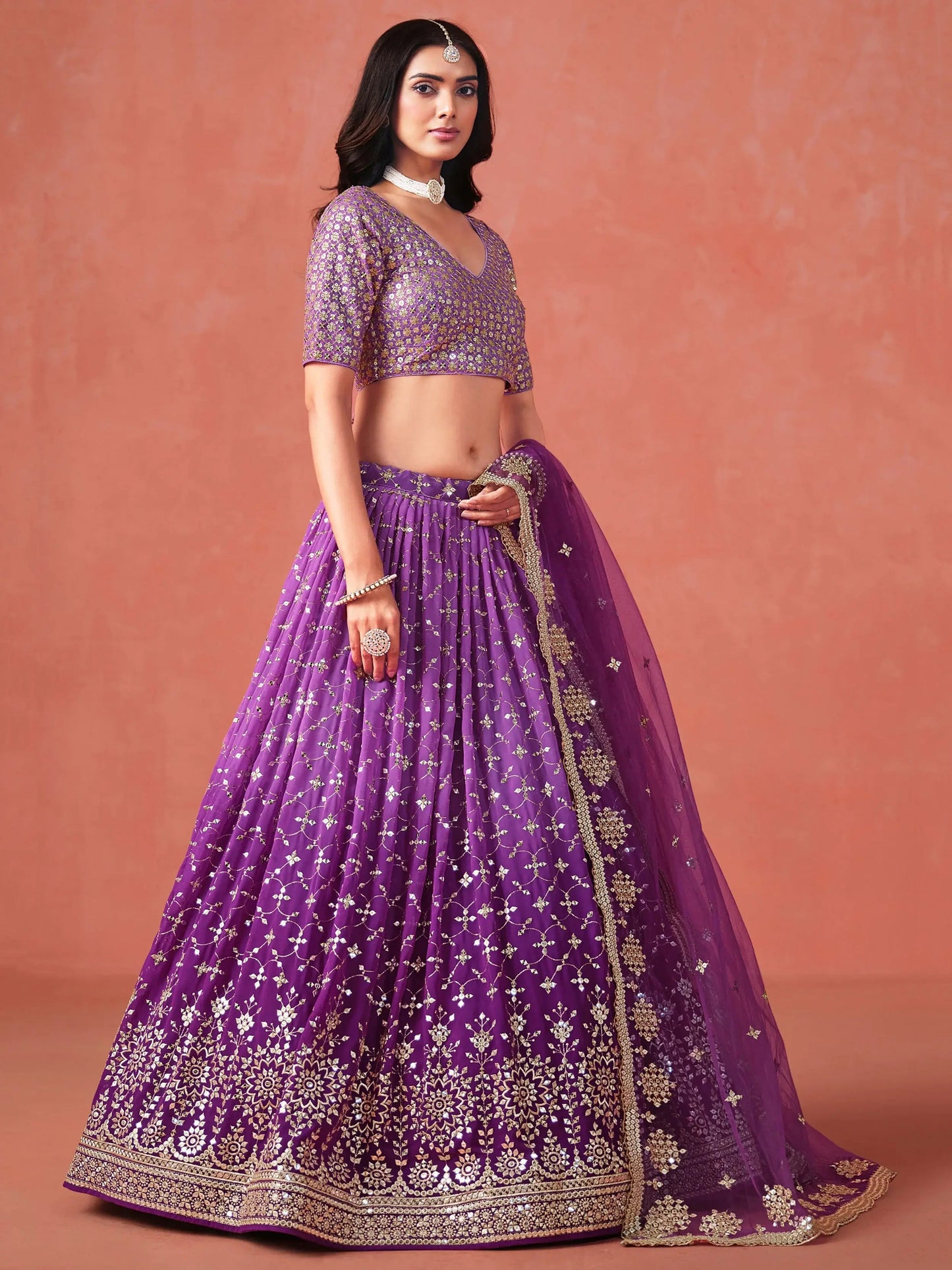 Stunning Purple Ceremonial Wear Georgette Lehenga Choli With Dupatta - Zeel Clothing