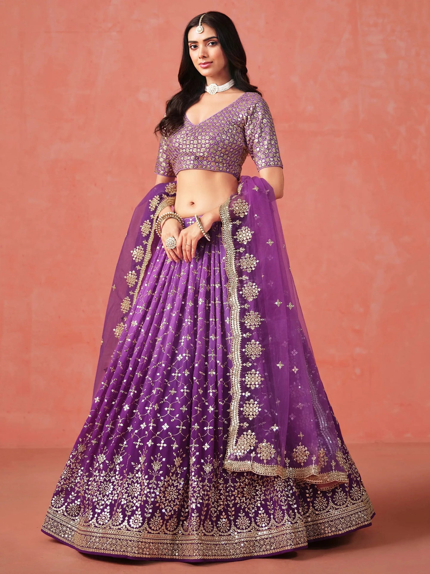 Stunning Purple Ceremonial Wear Georgette Lehenga Choli With Dupatta - Zeel Clothing