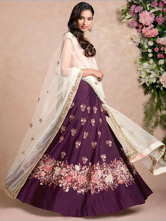 Stunning Purple Colored Floral Embroidered Lehenga Choli - Zeel Clothing