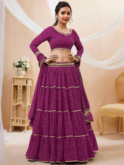 Stunning Purple Leheriya Printed Georgette Lehenga Choli With Dupatta - Zeel Clothing