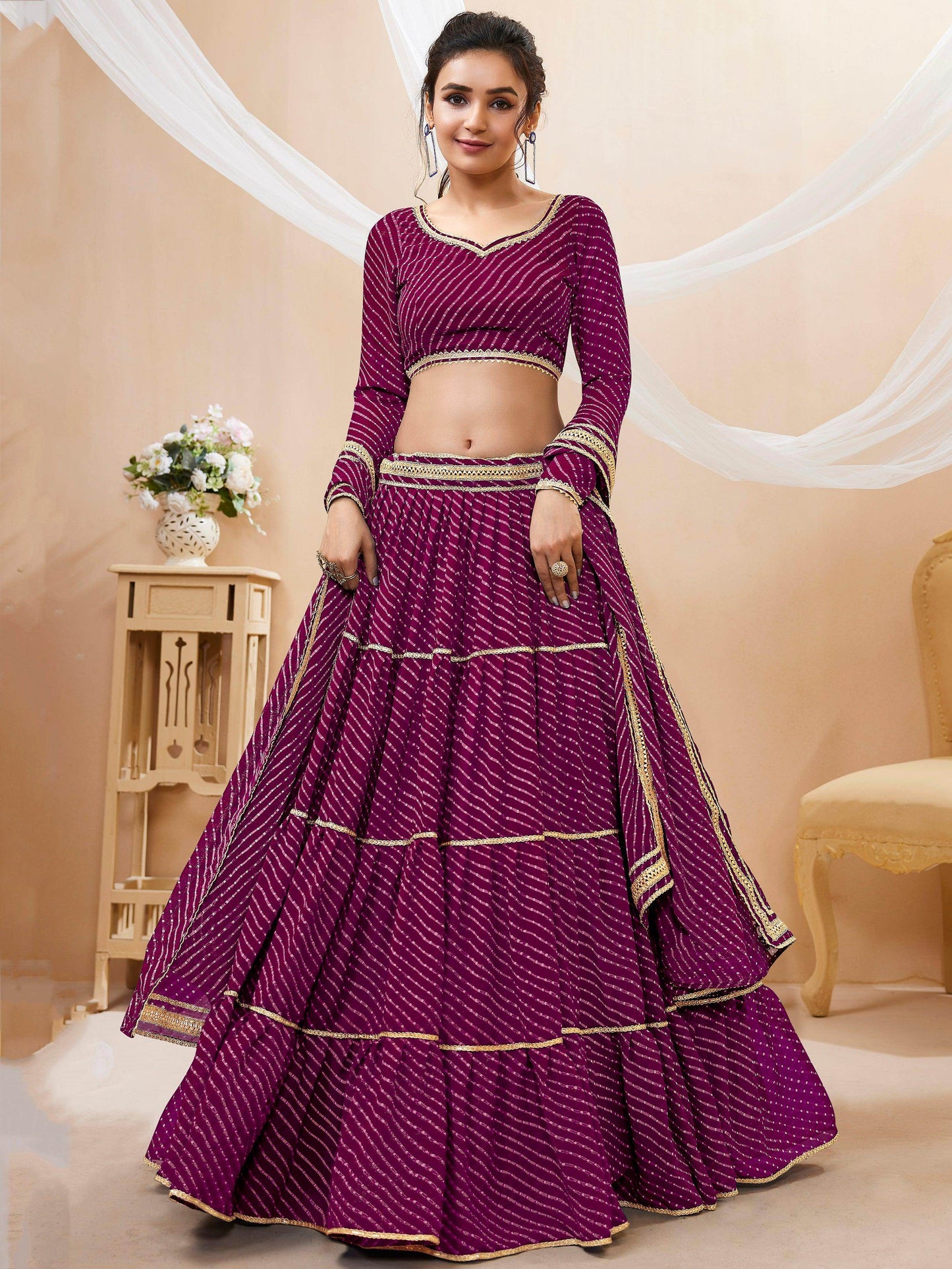 Stunning Purple Leheriya Printed Georgette Lehenga Choli With Dupatta - Zeel Clothing