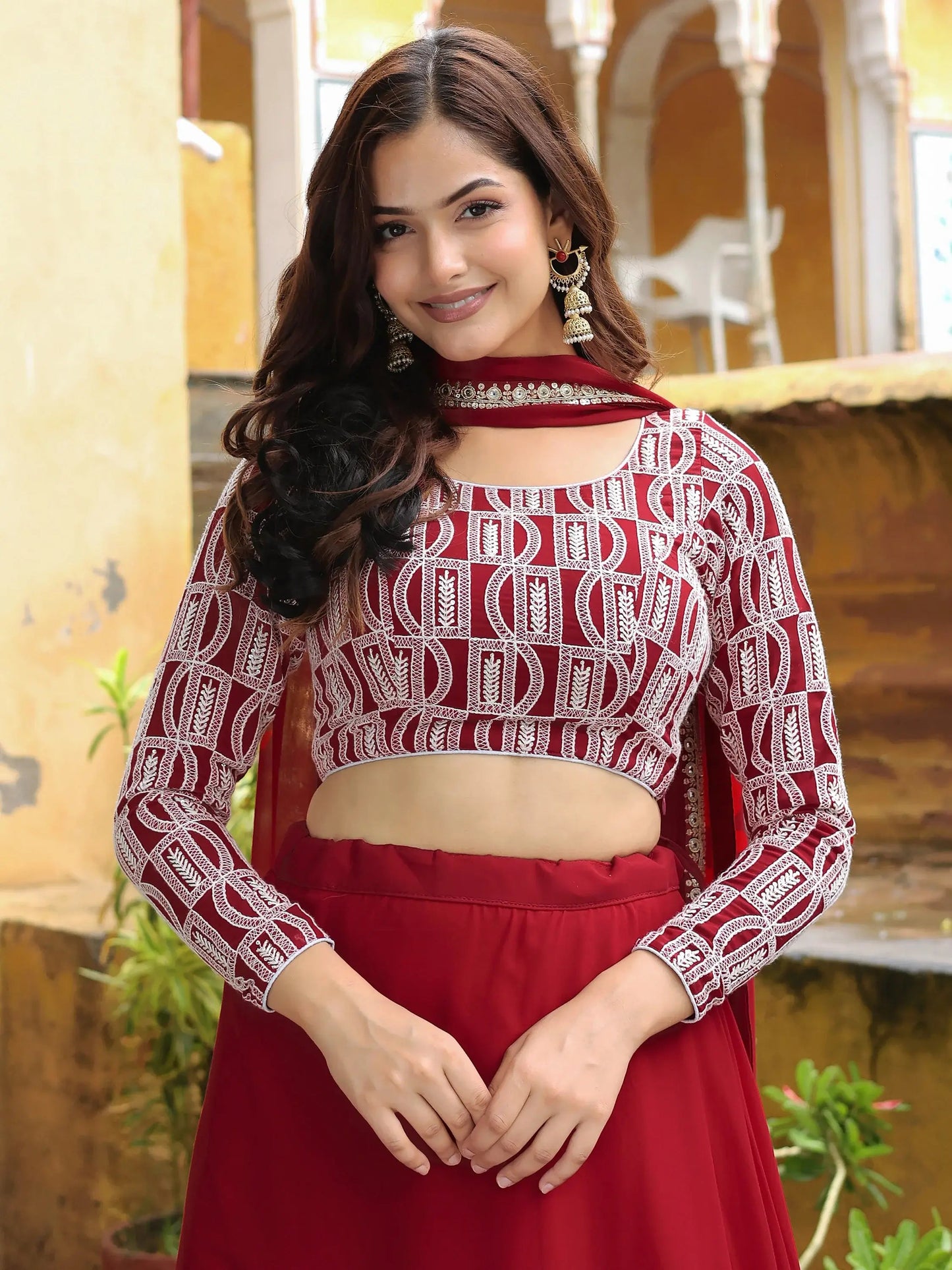 Stunning Red Sequins Georgette Party Wear Lehenga Choli With Dupatta - Zeel Clothing