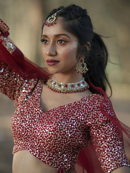 Stunning Red Sequins Georgette Wedding Lehenga Choli With Dupatta - Zeel Clothing