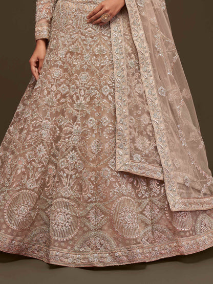 Stunning Royal Beige Embroidered Soft Net Lehenga Choli With Dupatta - Zeel Clothing