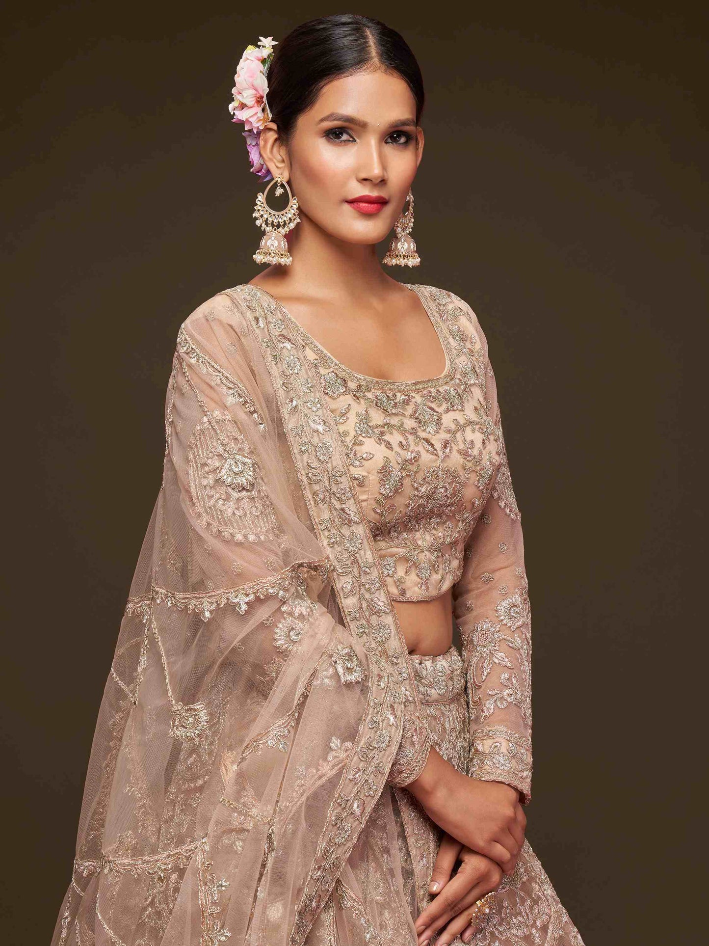 Stunning Royal Beige Embroidered Soft Net Lehenga Choli With Dupatta - Zeel Clothing