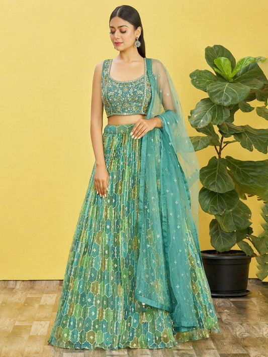 Stunning Sea Green Mirror Work Organza Wedding Lehenga Choli - Zeel Clothing