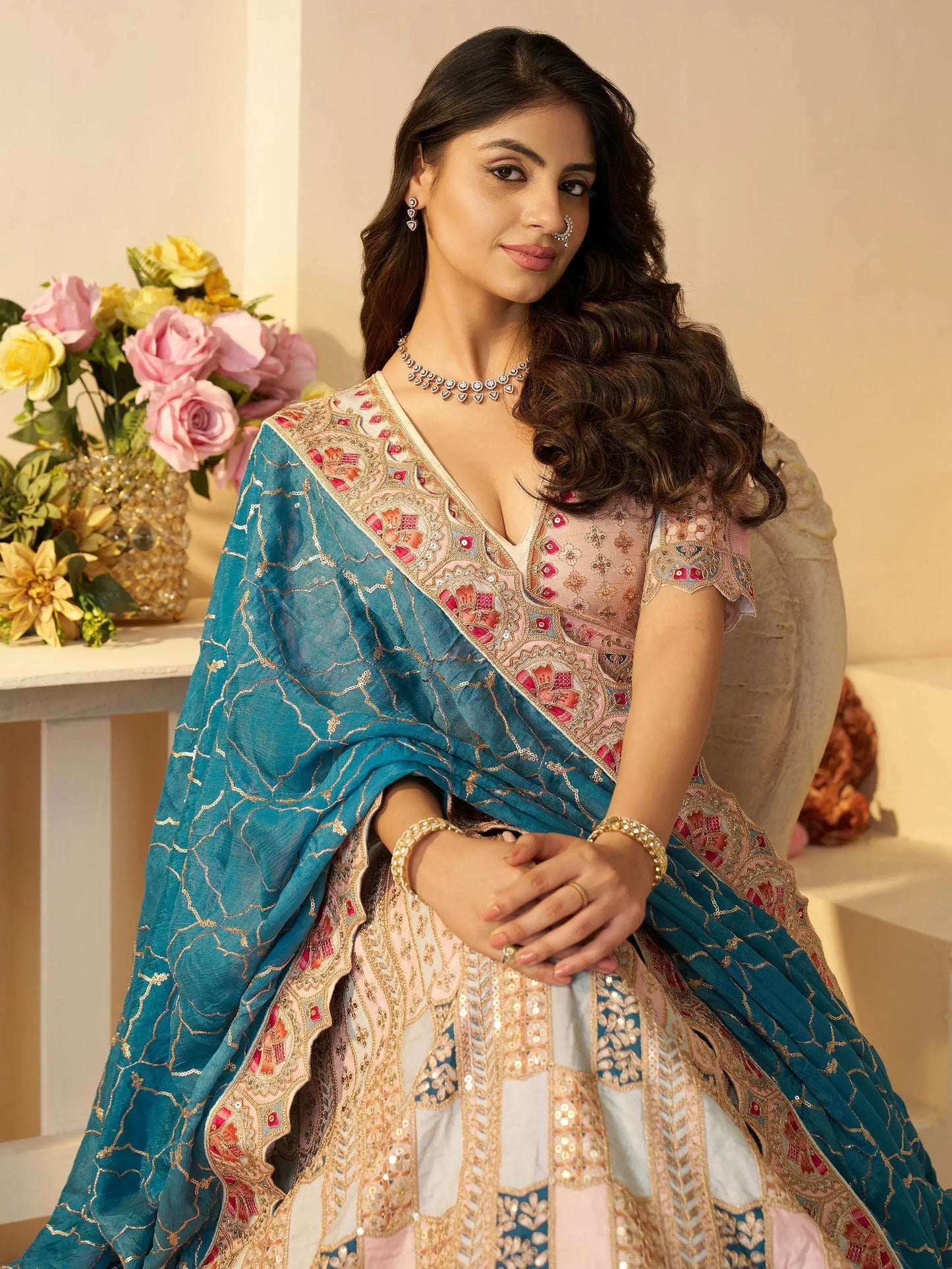 Stunning Sky-Blue Thread Work Dola Silk Wedding Lehenga Choli - Zeel Clothing