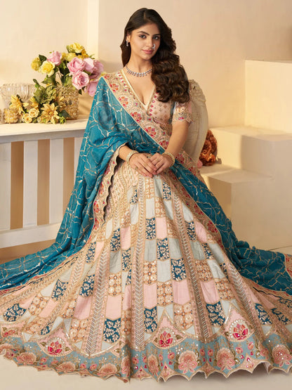 Stunning Sky-Blue Thread Work Dola Silk Wedding Lehenga Choli - Zeel Clothing