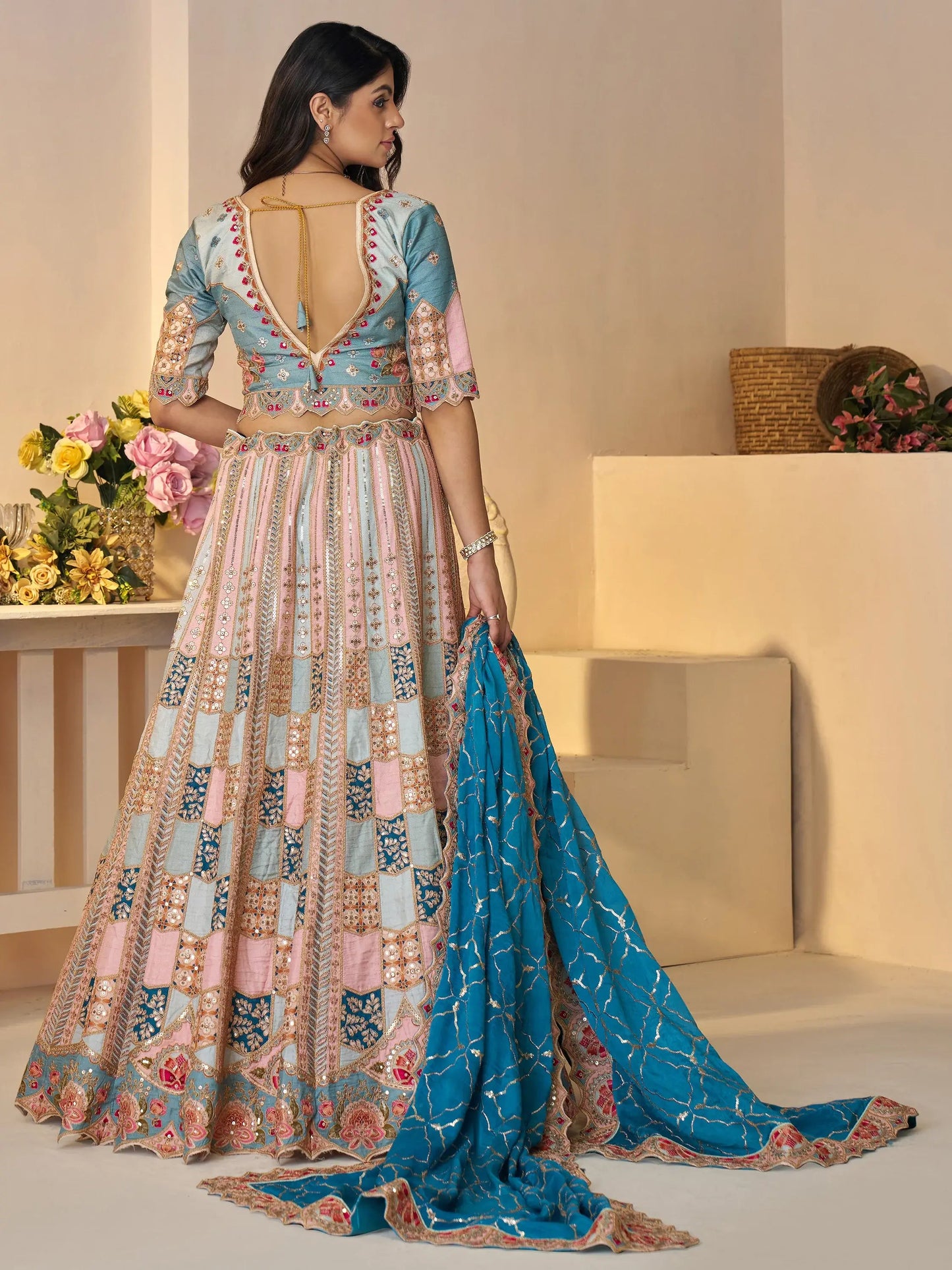 Stunning Sky-Blue Thread Work Dola Silk Wedding Lehenga Choli - Zeel Clothing