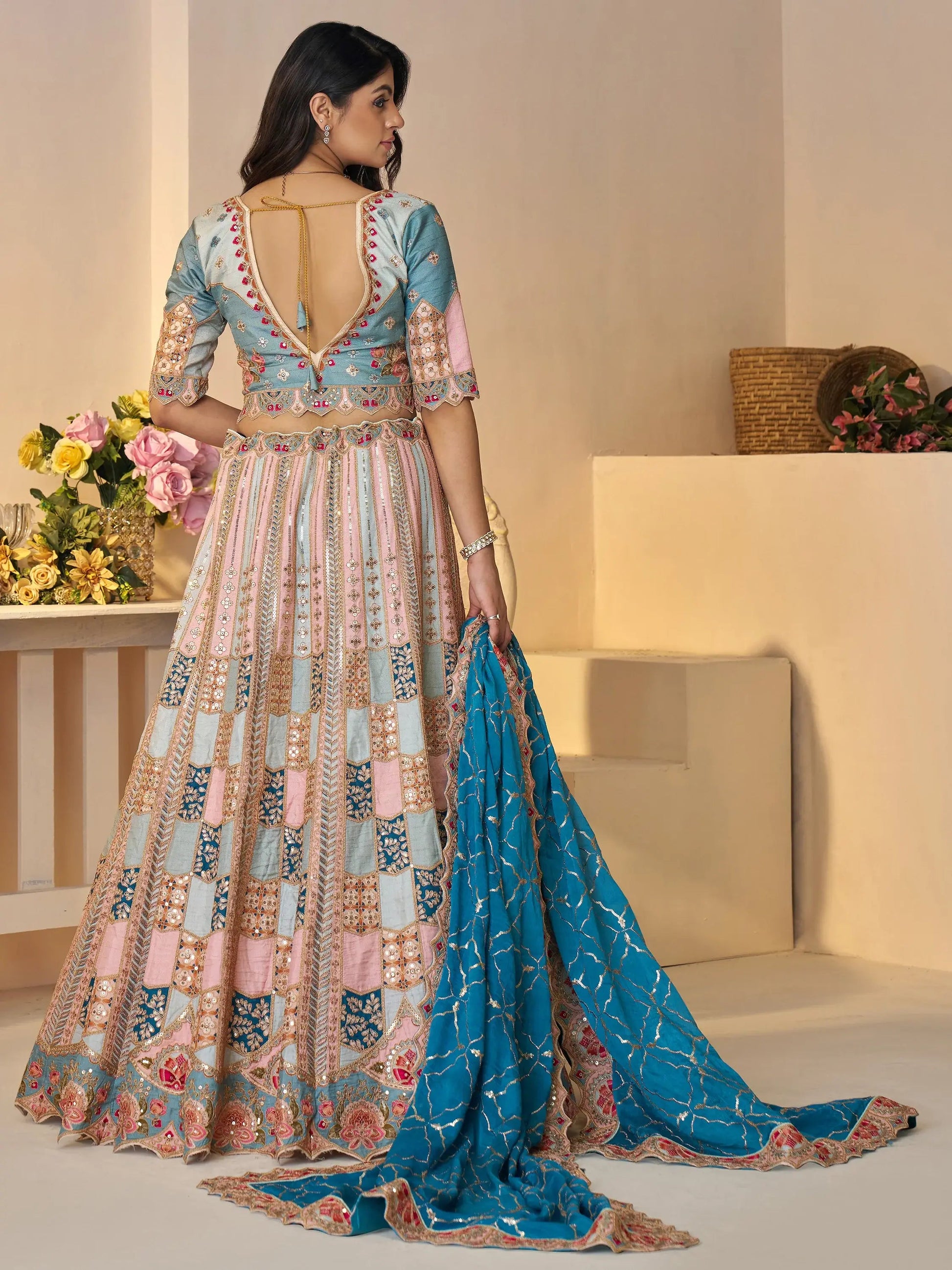 Stunning Sky-Blue Thread Work Dola Silk Wedding Lehenga Choli - Zeel Clothing