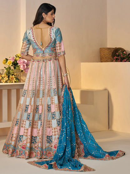 Stunning Sky-Blue Thread Work Dola Silk Wedding Lehenga Choli - Zeel Clothing
