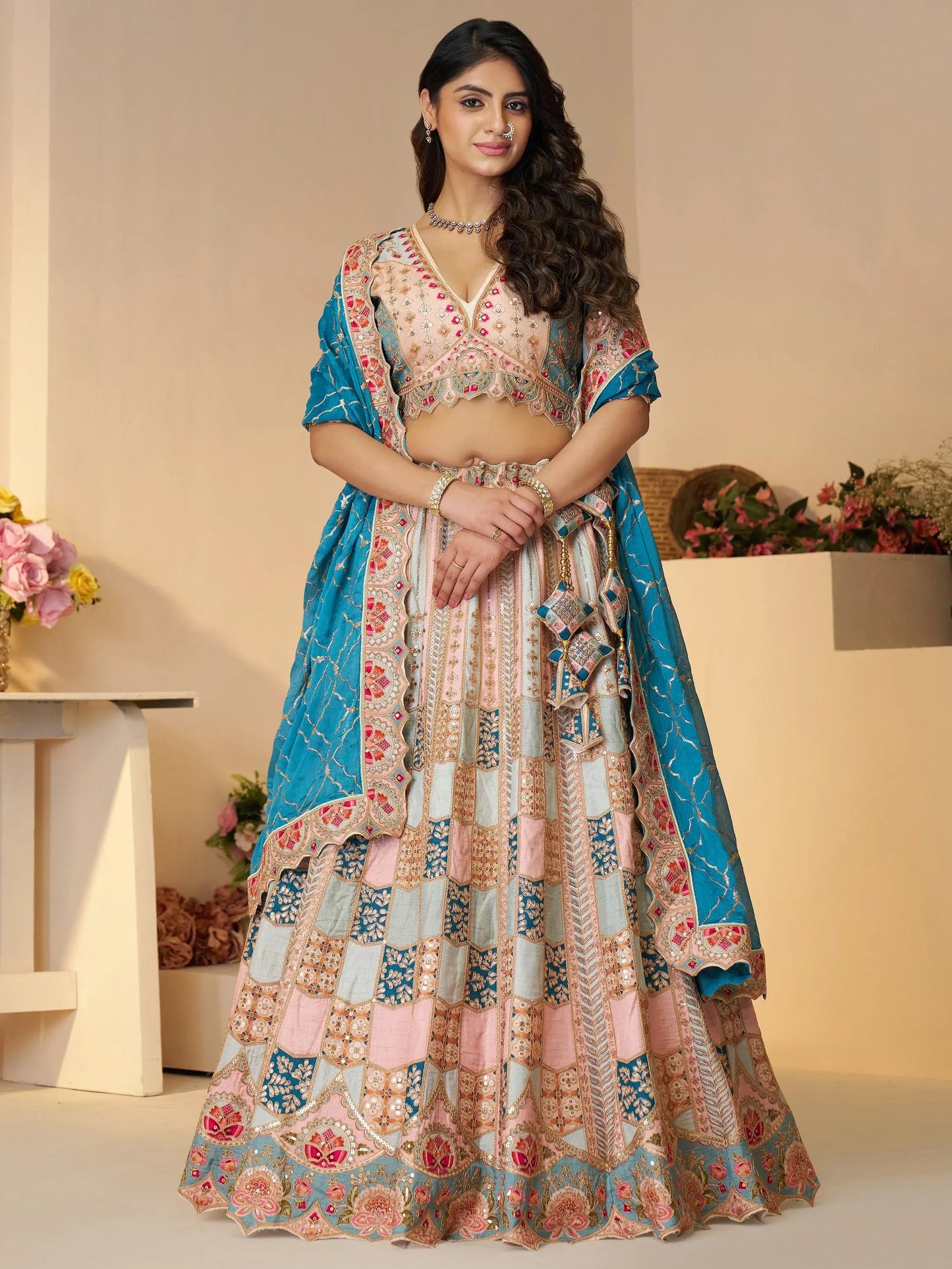 Stunning Sky-Blue Thread Work Dola Silk Wedding Lehenga Choli - Zeel Clothing