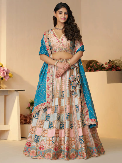 Stunning Sky-Blue Thread Work Dola Silk Wedding Lehenga Choli - Zeel Clothing