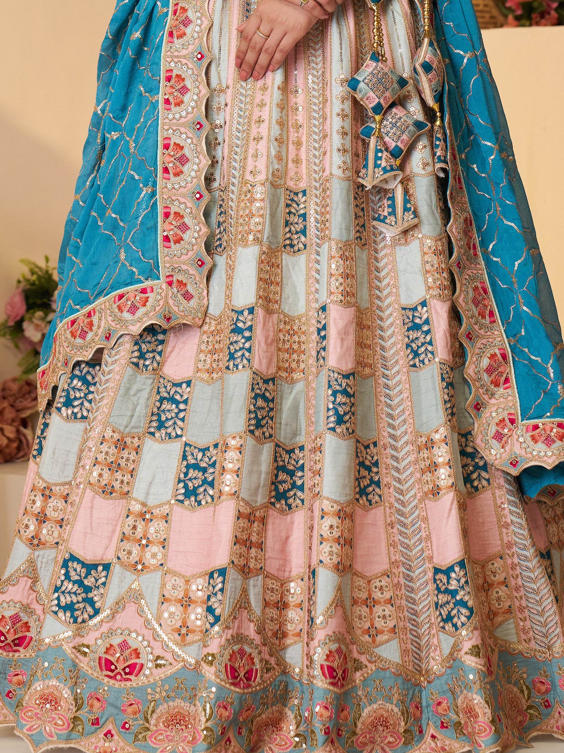 Stunning Sky-Blue Thread Work Dola Silk Wedding Lehenga Choli - Zeel Clothing