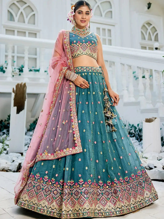 Stunning Teal Blue Embroidered Tissue Bridesmaid Lehenga Choli With Dupatta - Zeel Clothing