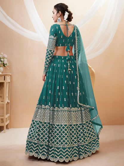Stunning Teal Blue Sequins Georgette Lehenga Choli With Net Dupatta - Zeel Clothing