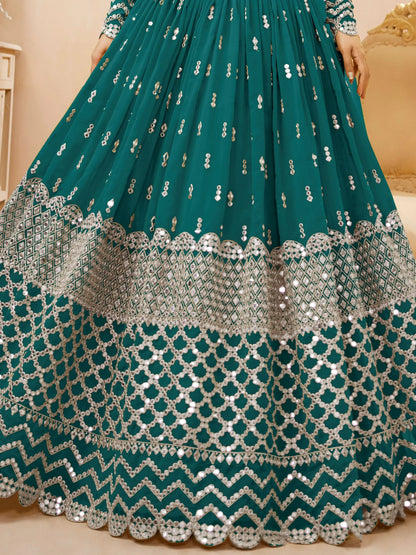 Stunning Teal Blue Sequins Georgette Lehenga Choli With Net Dupatta - Zeel Clothing
