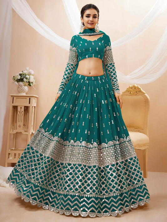 Stunning Teal Blue Sequins Georgette Lehenga Choli With Net Dupatta - Zeel Clothing