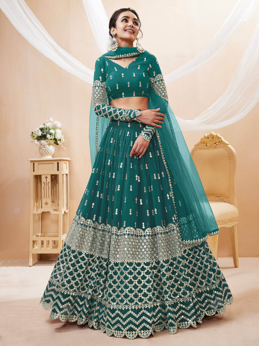 Stunning Teal Blue Sequins Georgette Lehenga Choli With Net Dupatta - Zeel Clothing