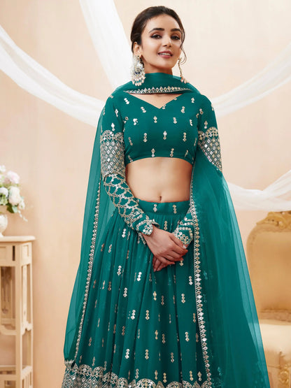 Stunning Teal Blue Sequins Georgette Lehenga Choli With Net Dupatta - Zeel Clothing