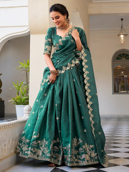 Stunning Teal Green Thread Embroidered Crush Silk Festive Wear Lehenga Choli - Zeel Clothing
