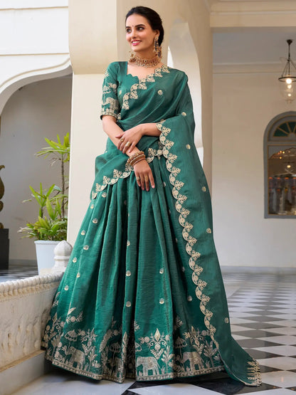Stunning Teal Green Thread Embroidered Crush Silk Festive Wear Lehenga Choli - Zeel Clothing
