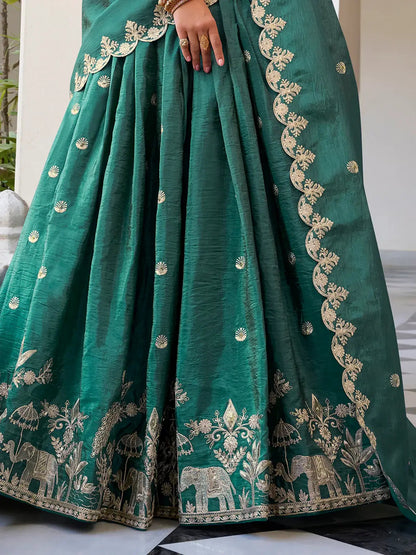 Stunning Teal Green Thread Embroidered Crush Silk Festive Wear Lehenga Choli - Zeel Clothing