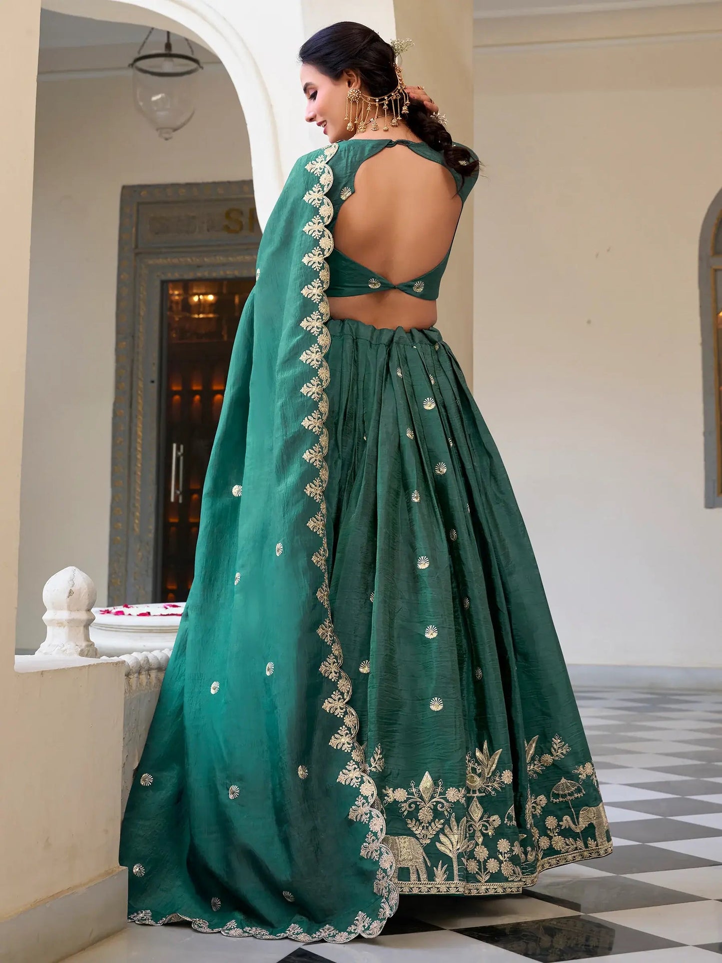 Stunning Teal Green Thread Embroidered Crush Silk Festive Wear Lehenga Choli - Zeel Clothing