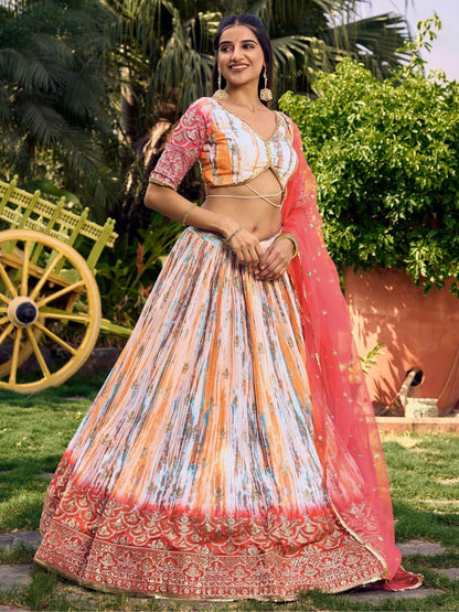Stunning White & Pink Digital Printed Chinon Festive Wear Lehenga Choli - Zeel Clothing