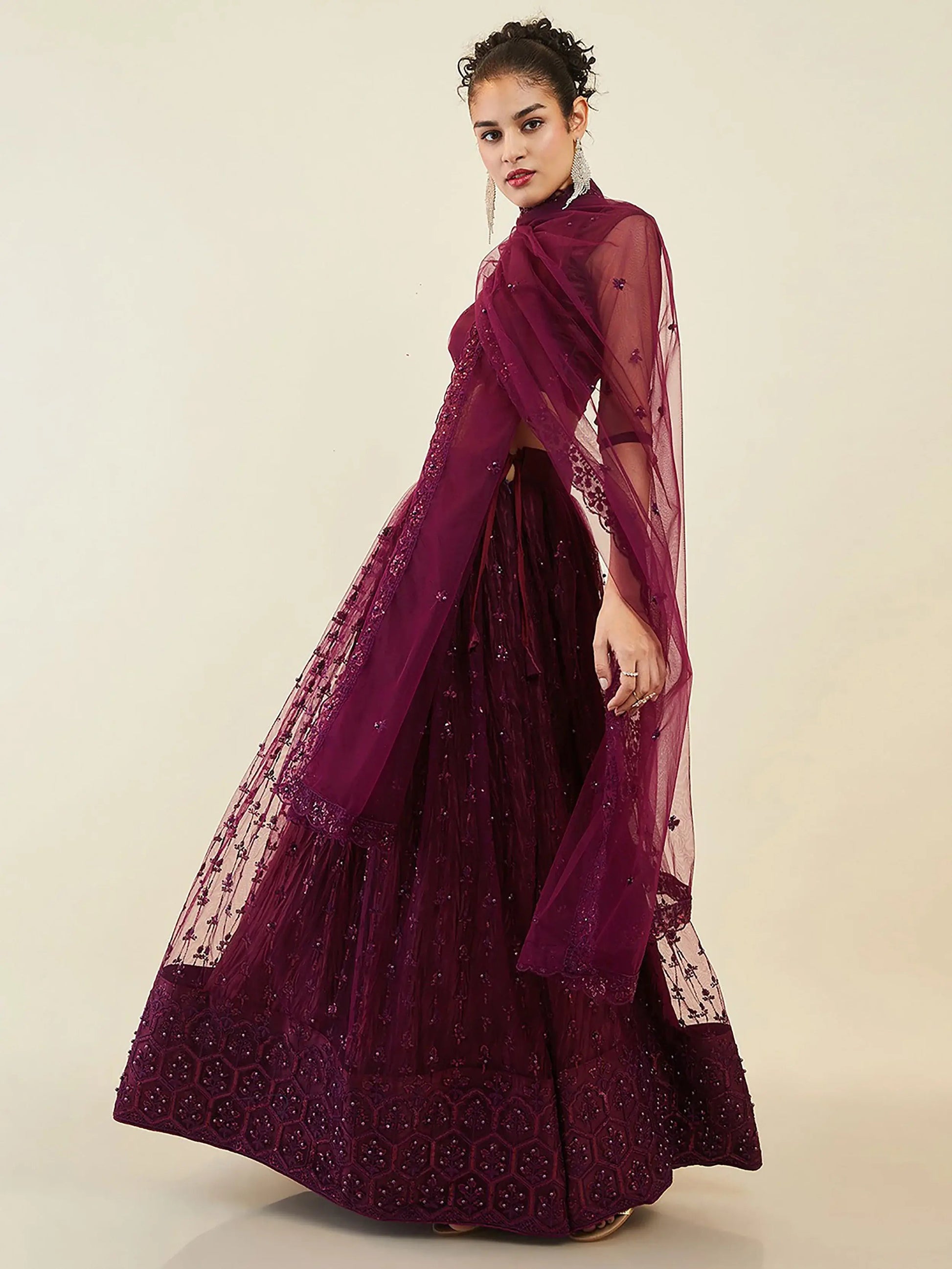 Stunning Wine Embroidered Net Wedding Wear Lehenga Choli With Dupatta - Zeel Clothing