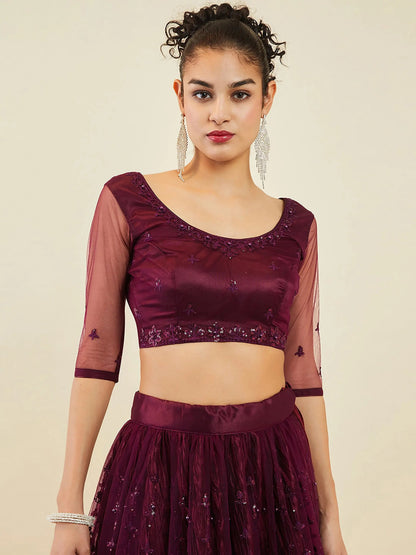 Stunning Wine Embroidered Net Wedding Wear Lehenga Choli With Dupatta - Zeel Clothing
