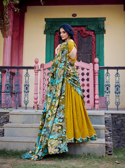 Mustard Color Sequins And Thread Embroidery Work Vichitra Silk Lehenga