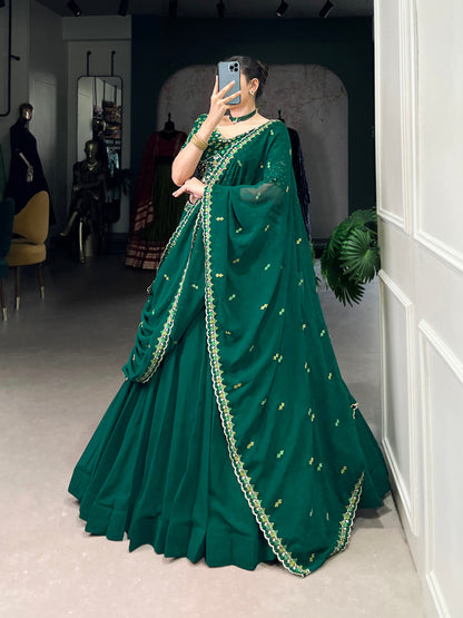 Bottle Green Color Thread Embroidery Work Georgette Lehenga Choli