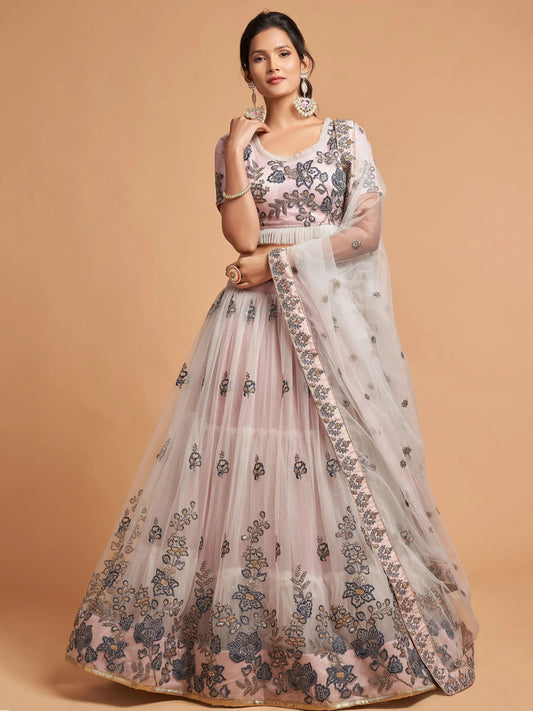 Super Grey Zari Embroidery Net Party Wear Lehenga Choli - Zeel Clothing